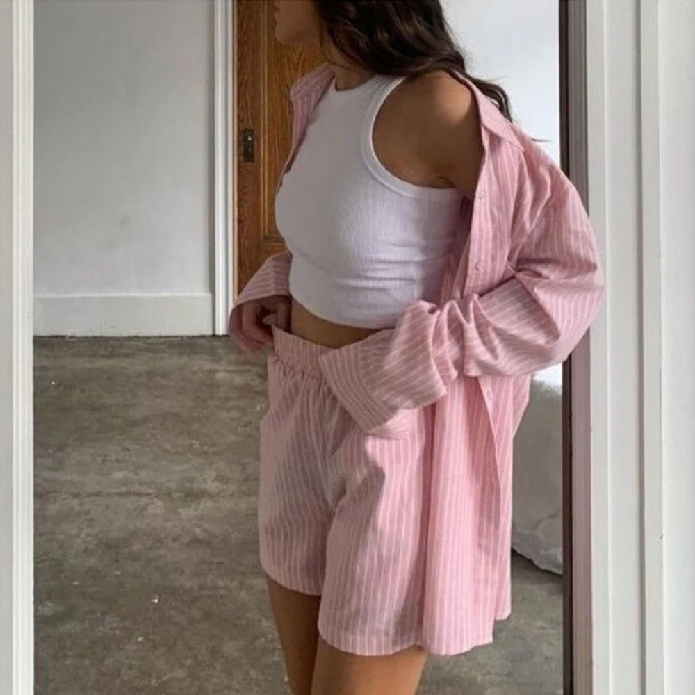 COCO Striped Long Sleeve Shirt and Shorts Lounge Set
